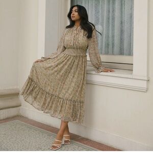 In Loom Cottagecore Floral Midi Dress Smocked Waist Prairie Boho Long Sleeve